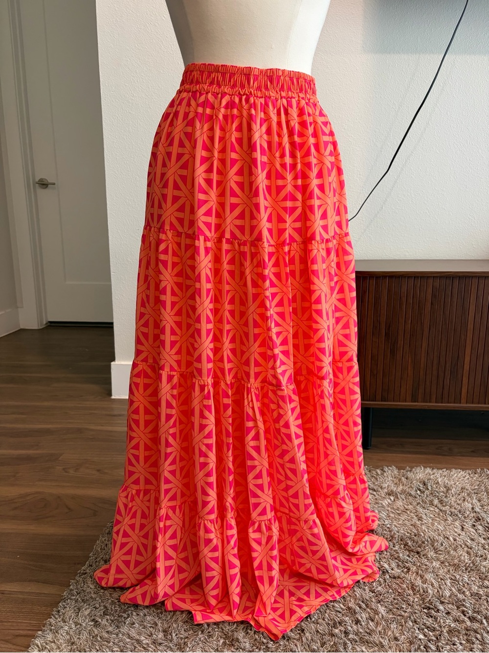 High-Waist Pink & Orange Geometric Tiered Maxi Skirt